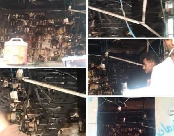 صورة حريق يلتهم محل لبيع الهواتف النقالة في تعز