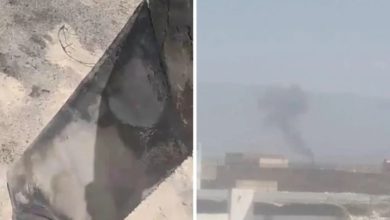 صورة اشتعال الحرائق إثر سقوط صاروخ حوثي في أبين