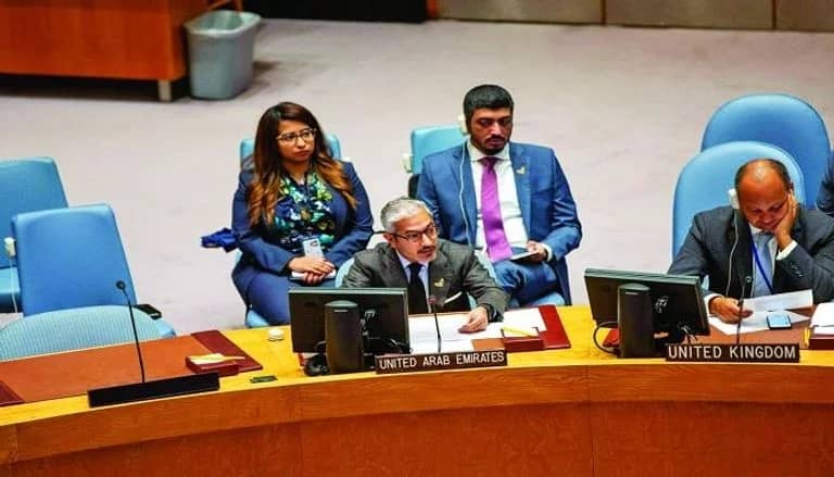 صورة الإمارات أمام مجلس الأمن خلال جلسة حول اليمن: هجمات الحوثي تهدد الملاحة الدولية