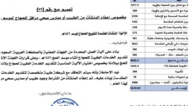 صورة إعفاء وكالات التفويج من ترشيح الأطباء المرافقين للحجاج اليمنيين